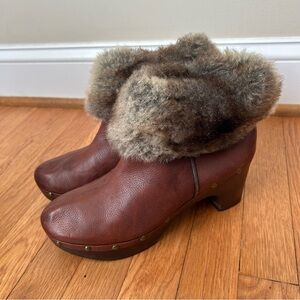 Suzzato Brown Leather Fur Heel Ankle Boots Zip Up Women’s Size 9 US 40 EU